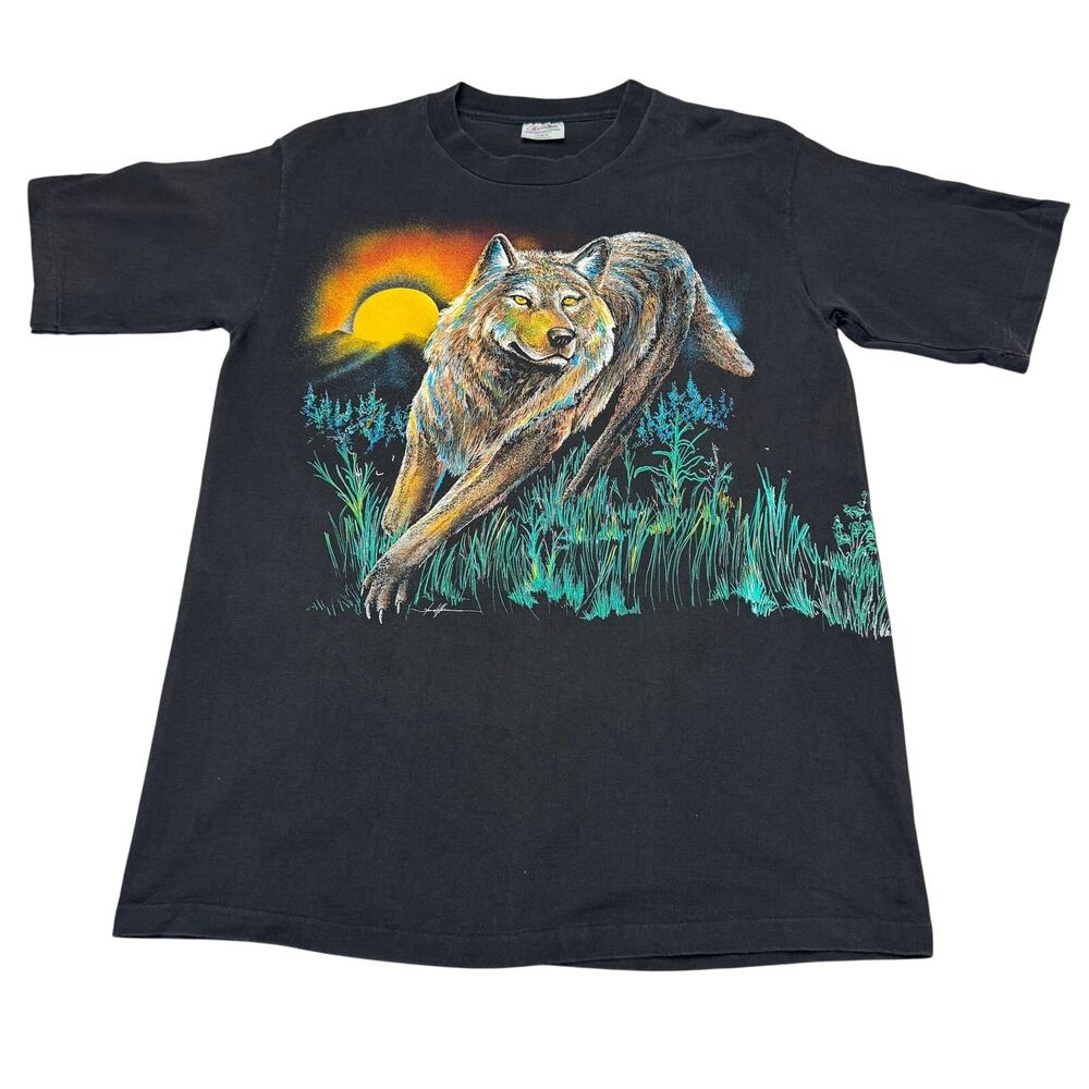 Vintage 90s Wolf Wraparound T Shirt Men's Large Hazelwoods Single Stitch Nature